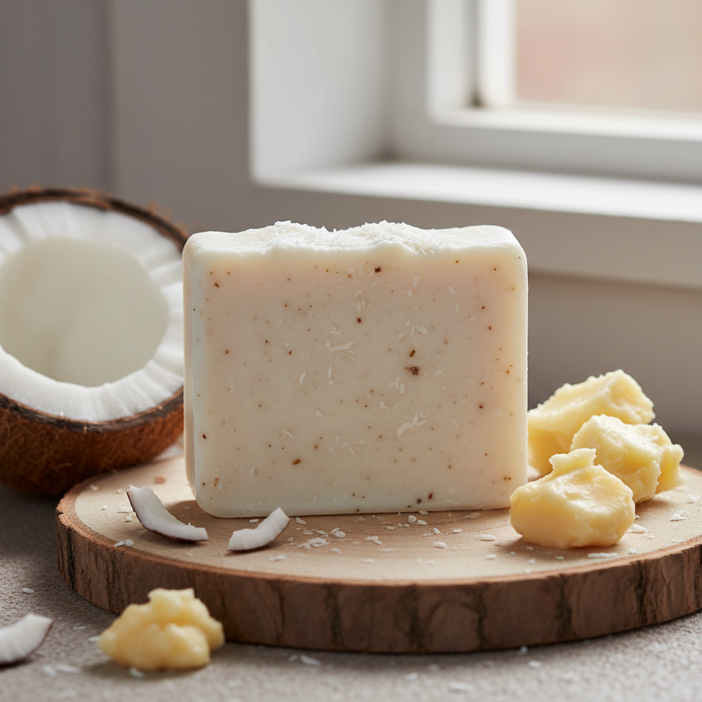Handmade coconut bar soap with coconut halves and shea butter on a wooden surface